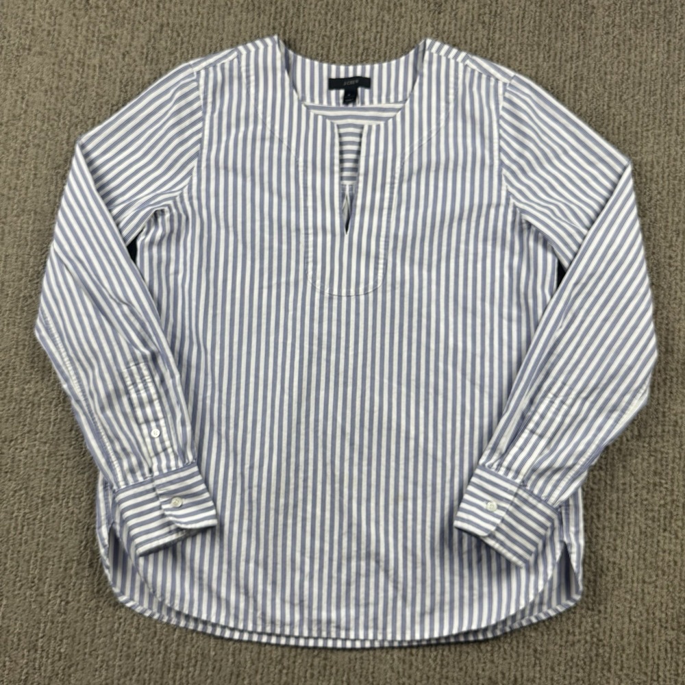 J Crew Womens 6 Popover Shirt Long Sleeve V Neck Blue White Stripe